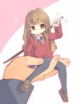  bokken brown_eyes brown_hair in_palm long_hair minigirl oosuzu_aoi pout school_uniform single_hand sword thigh-highs thighhighs toradora! weapon wooden_sword 