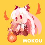  :&gt; character_name chibi fire flame fujiwara_no_mokou long_hair negidako no_nose outstretched_arms red_eyes simple_background solo touhou wings yellow_background 