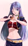  ahoge belt blue_eyes blue_hair breasts cleavage heart heart_hands lasterk long_hair natasha_borzenkova navel rusty_hearts smile solo wink 