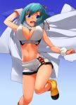  aquarion_(series) aquarion_evol blue_eyes bouncing_breasts breasts cleavage cleavage_cutout gradient gradient_background green_hair kaisenn large_breasts looking_at_viewer midriff navel no_socks open_mouth short_hair short_shorts shorts simple_background solo zessica_wong 
