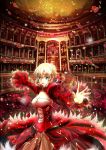  ahoge blonde_hair breasts cleavage dress epaulettes fate/extra fate_(series) green_eyes hair_ribbon jianren outstretched_arms panties petals ribbon saber_extra see-through solo theater underwear 