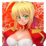  1girl ahoge blonde_hair breasts bust cleavage dress epaulettes fate/extra fate_(series) green_eyes hair_ribbon lowres ribbon saber_extra samsara_(ring) solo 