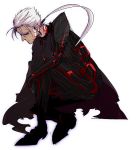  cape dark_persona earrings fate/stay_night fate_(series) jewelry lancer long_hair male ponytail red_eyes solo squatting warakusa white_hair 