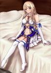  agrias_oaks bed blonde_hair blue_eyes blush bow braid choker elbow_gloves female final_fantasy final_fantasy_tactics gloves hair_bow hozenkakari jewelry long_hair necklace pillow pleated_skirt single_braid skirt smile solo thigh-highs thighhighs 