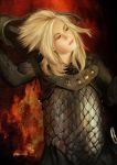 absurdres ares6792 armor artist_request blonde_hair fire highres knight lips lipstick long_hair luan_(ares6792) makeup original pale_skin pursed_lips realistic removing_helmet solo white_skin 