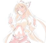  arms_up blonde_hair bow fujiwara_no_mokou hair_bow highres long_hair midriff miyo_(ranthath) mound_of_venus navel open_clothes open_mouth open_shirt pants red_eyes sketch smile solo touhou very_long_hair wink 