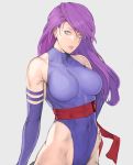  bad_id bare_shoulders blue_eyes breasts elbow_gloves gloves highleg highleg_leotard large_breasts leotard long_hair marvel psylocke purple_hair simple_background solo x-men yuumikouki 