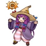  :o adapted_costume belt black_mage black_mage_(fft) blush chibi final_fantasy final_fantasy_tactics hat hozenkakari long_hair lowres patchouli_knowledge purple_eyes purple_hair robe striped striped_pants touhou violet_eyes witch_hat 