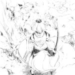 animal_ears bare_shoulders detached_sleeves from_behind hat inubashiri_momiji monochrome scenery shield short_hair sketch skirt solo standing sword tail tokin_hat touhou weapon wolf_ears wolf_tail yudepii 