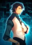  bracelet brown_eyes brown_hair cabbie_hat facial_hair glowing hat hayase0000 holding holding_hat jewelry kaburagi_t_kotetsu lowres male profile ring solo stubble tiger_&amp;_bunny vest waistcoat watch wedding_band wristwatch 
