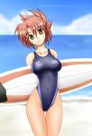  breasts brown_hair competition_swimsuit erect_nipples fuuma_nagi highleg highleg_swimsuit large_breasts legs lyrical_nanoha mahou_shoujo_lyrical_nanoha mahou_shoujo_lyrical_nanoha_strikers numbers_(nanoha) one-piece_swimsuit pantyhose short_hair solo surf_board surfboard swimsuit thigh_gap thighs wendi yellow_eyes 