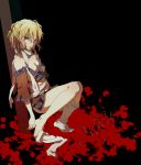  bare_legs bare_shoulders barefoot blonde_hair blood blood_splatter bottomless breasts cleavage feet green_eyes hair_ribbon highres leaning_back looking_at_viewer mizuhashi_parsee nail no_shoes off_shoulder pointy_ears rex_k ribbon sash scarf shirt short_hair single_sock sock_dangle sock_pull socks solo squatting touhou 