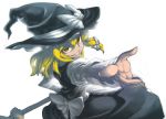  blonde_hair broom foreshortening hat highres kirisame_marisa outstretched_arm outstretched_hand smirk solo space_jin spacezin touhou witch witch_hat 