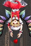  apple ascot blonde_hair blush fangs flandre_scarlet food fruit hat open_mouth red_eyes ribbon short_hair side_ponytail sindre skirt solo the_embodiment_of_scarlet_devil touhou upside-down wings wrist_cuffs 