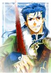  blue_hair cape earrings fate/stay_night fate_(series) gae_bolg grin jewelry lancer long_hair male marker_(medium) orthrusugigami38 polearm ponytail red_eyes smile solo spear traditional_media weapon 
