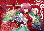  bandage bandages breasts bun_cover chain chains double_bun dragon eastern_dragon flower highres ibara_kasen ibaraki_kasen kinsenka large_breasts pink_hair pink_rose red_eyes red_rose rose shackle short_hair smile solo tabard touhou 