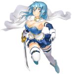  armband belt blue_eyes blue_hair boots breasts cape cleavage commentary_request elbow_gloves gloves large_breasts magical_girl mahou_shoujo_madoka_magica miki_sayaka onsoku_maru simple_background skirt solo sword thigh-highs thighhighs weapon white_background 