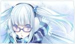  blue blue-framed_glasses blue_eyes blue_hair breath earmuffs glasses hair_bobbles hair_ornament lasa_(lasa1116) long_hair original scarf solo two_side_up 