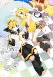  1girl absurdres aqua_eyes arm_warmers artist_request bare_shoulders barefoot blonde_hair brother_and_sister candy cd cd_player checkered_floor detached_sleeves from_above hair_ornament hair_ribbon hairclip headphones highres kagamine_len kagamine_rin leg_warmers looking_at_viewer looking_up lying nail_polish necktie on_back on_side pillow ribbon sailor_collar sheet_music short_hair shorts siblings stuffed_animal stuffed_toy teddy_bear twins vocaloid 