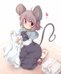  ahoge aki_(akikaze_asparagus) animal_ears barefoot blush capelet dress grey_hair heart jewelry kneeling mouse_ears mouse_tail nazrin pendant red_eyes shirt simple_background smile solo tail touhou white_shirt 