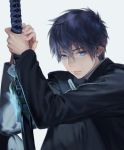  ao_no_exorcist blue_eyes blue_hair highres katana long_sleeves male noako okumura_rin pointy_ears simple_background solo sword weapon 