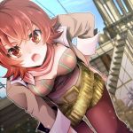 breasts cartridge fang flipped_hair iria_animi leaning_forward lowres pants pasta_(suzukov) red_eyes red_hair redhead scarf short_hair solo tales_of_(series) tales_of_innocence 