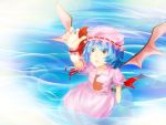  bat_wings blue_hair dress feet_in_water frills harunohotaru hat looking_away looking_up open_hand open_mouth outstretched_arm reaching red_eyes remilia_scarlet ribbon soaking_feet solo touhou water wings wrist_cuffs 