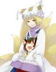  animal_ears blonde_hair brown_hair cat_ears chen child chito04 closed_eyes eyes_closed fangs fox_tail happy hat hug hug_from_behind multiple_girls multiple_tails open_mouth short_hair smile tail touhou white_background yakumo_ran yellow_eyes 