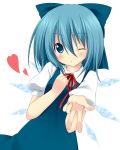  blown_kiss blue_dress blue_eyes blue_hair blush bow bust cirno dress hair_bow hand_on_own_chest heart looking_at_viewer oniku-chan outstretched_hand shirt short_hair simple_background solo touhou white_background wings wink 