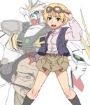  1girl belt blonde_hair caryo character_request extra facial_hair footwear genderswap goggles goggles_on_head green_eyes gundam gundam_sandrock gundam_wing instructor_h legs mecha miniskirt mustache open_mouth quatre_raberba_winner shirt short_hair skirt socks teeth waistcoat wing_gundam_zero 