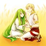  abaishumei androgynous armlet barefoot blonde_hair bracelet earrings enkidu_(fate/strange_fake) fate/strange_fake fate/zero fate_(series) flower gilgamesh green_eyes green_hair hair_flower hair_ornament jewelry long_hair male multiple_boys necklace red_eyes sandals toga trap wink yellow_background 