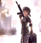  assault_rifle bandaid flag gas_can gloves goggles gun helmet highres japan_ground_self-defense_force military military_uniform ponytail red_cross rifle senogawa sleeves_rolled_up smile uniform weapon 