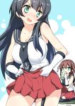  2girls :d absurdres agano_(kantai_collection) aqua_eyes black_hair blush braid breasts brown_hair cleavage cup drinking gloves highres holding kantai_collection long_hair multiple_girls noshiro_(kantai_collection) open_mouth pleated_skirt ryuki_(ryukisukune) school_uniform seiza serafuku single_braid sitting skirt smile sweat teacup white_gloves 