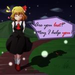  arms_behind_back ascot blonde_hair blush closed_eyes different_shadow english eyes_closed fang hair_ribbon heart night night_sky ominous_shadow path ribbon rumia short_hair skirt skirt_set sky smile solo star_(sky) starry_sky syachi the_embodiment_of_scarlet_devil touhou youkai 