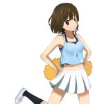  1girl alternate_costume alternate_hairstyle armpits brown_hair cheerleader hair_down k-on! machahiro_(shiitake) midriff navel pom_poms short_hair skirt solo suzuki_jun sweat white_background 