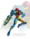  alternate_color arm_cannon armor bad_reflection boots character_name gauntlets glowing helmet highres jumping metroid neon_trim nintendo power_suit projected_inset reflection samus_aran shoulder_pads signature solo visor weapon wes_talbott zoom_layer 