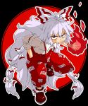  &gt;:) aono3 black_background bow fire fujiwara_no_mokou hair_bow hand_in_pocket highres leaning_forward long_hair pants shoes smile solo touhou very_long_hair 