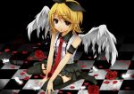  angel blonde_hair bow cage feathers flower ichinose_yukino kagamine_rin necktie red_eyes rose short_hair skirt thigh-highs vocaloid wings 