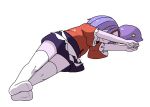  beret blue_hair child hat hat_removed headwear_removed jiangshi lying miyako_yoshika nakashino_setsu ofuda on_side outstretched_arms pale_skin shirt short_hair skirt sleeping solo thigh-highs thighhighs touhou white_legwear zombie zombie_pose 