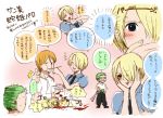  blonde_hair blue_eyes covering_mouth feeding genderswap hands_on_face hands_on_own_face nami necktie one_piece rolling roronoa_zoro sanji shirt surprise surprised thumbs_up translation_request tray yui_(kari) 