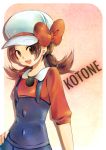  brown_hair cabbie_hat hand_on_hip hat hat_ribbon kotone_(pokemon) open_mouth pokemon pokemon_(game) pokemon_gsc red_ribbon ribbon smile suspenders tachiuo_(arines) twintails 