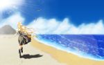  air beach birds blonde_hair footsteps from_behind hair_ribbon kamio_misuzu long_hair sand wallpaper 