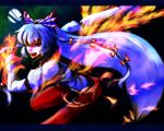  artist_request bamboo bamboo_forest fiery_wings fighting_stance fire forest fujiwara_no_mokou full_moon hair_ribbon long_hair moon moonlight nature night oborobo open_mouth red_eyes ribbon silver_hair solo teeth touhou wings 