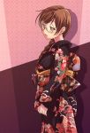  brown_eyes brown_hair e20 glasses japanese_clothes kimono solo 