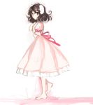  1girl animal_ears barefoot brown_hair dress inaba_tewi kayako_(tdxxxk) looking_at_viewer rabbit_ears ribbon short_hair simple_background solo touhou white_background 