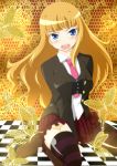  beatrice blonde_hair blue_eyes blush boots breasts butterfly checkered checkered_floor highres kneeling large_breasts miniskirt necktie skirt striped striped_legwear striped_thighhighs tamakko thigh-highs thighhighs umineko_no_naku_koro_ni vest zettai_ryouiki 