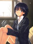  1girl amagami black_hair blue_eyes hanae_shuuhei nanasaki_ai school_uniform short_hair sitting skirt solo window 