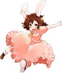  animal_ears brown_eyes brown_hair bunny_ears bunny_tail carrot dress highres inaba_tewi jewelry necklace pendant rabbit_ears short_hair solo tail touhou transparent_background yuu-yuu 