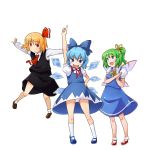  3girls blue_eyes blue_hair bow cirno daiyousei dress green_eyes green_hair hair_bow hands_together hatsuka mary_janes no_nose outstretched_arms panties pantyshot pointing raised_hand red_eyes rumia shoes short_hair smile socks spread_arms touhou underwear upskirt 
