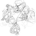  1boy dog_tags hat headset kotteri male monochrome rough signature sketch smile solo squatting team_fortress_2 the_scout white_background 